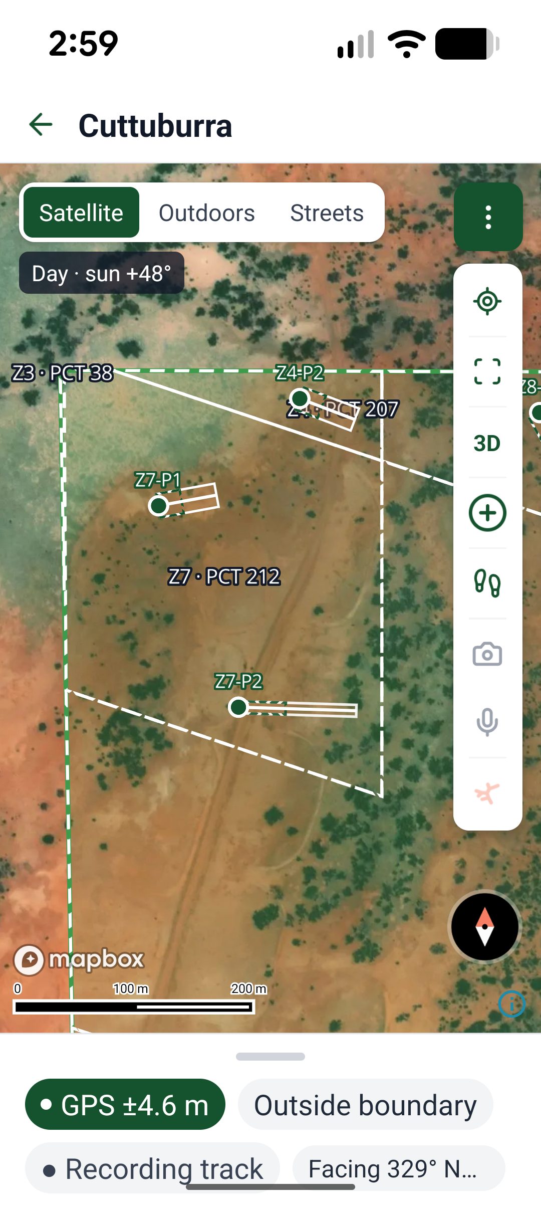 Nxt7a companion app on a phone: the Cuttaburra site divided into zones by plant community type, with numbered sample plots shown on the satellite map, GPS accuracy of 4.6 m, boundary status, track recording and compass heading