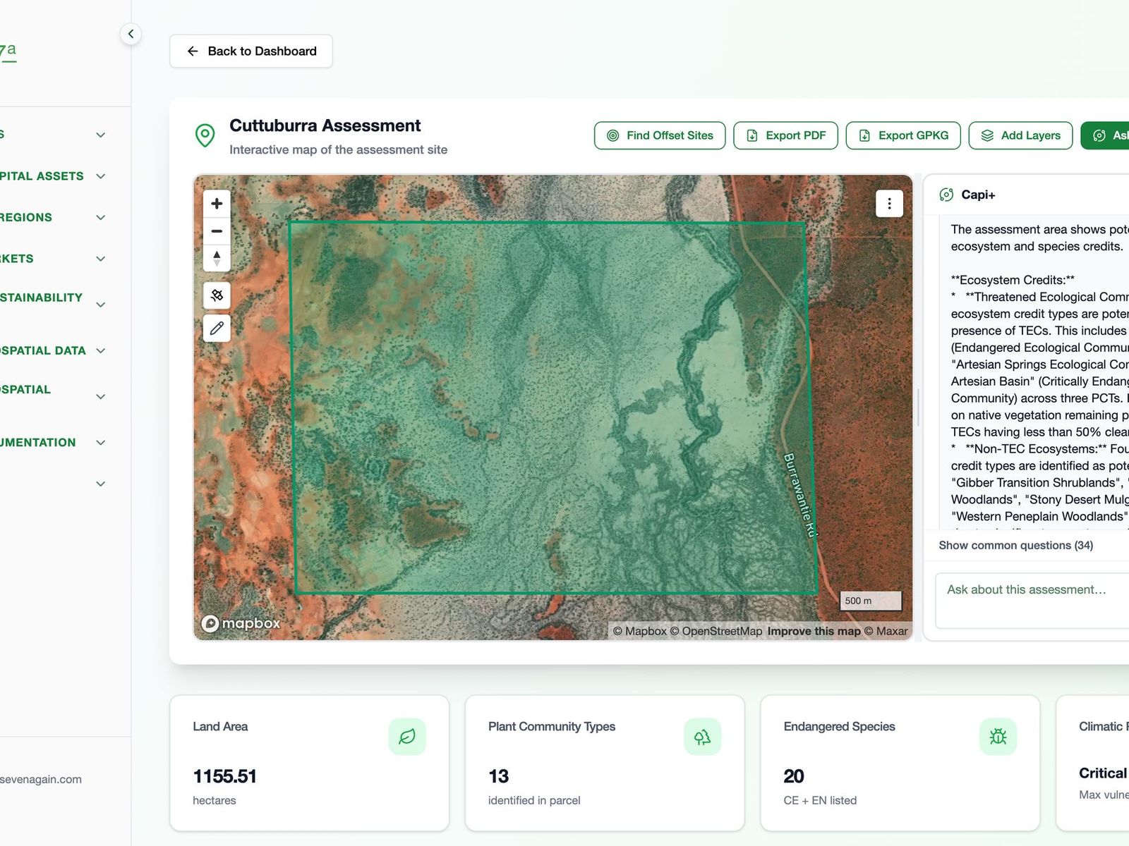 An assessment with Capi identifying eligible ecosystem and species credits for the boundary