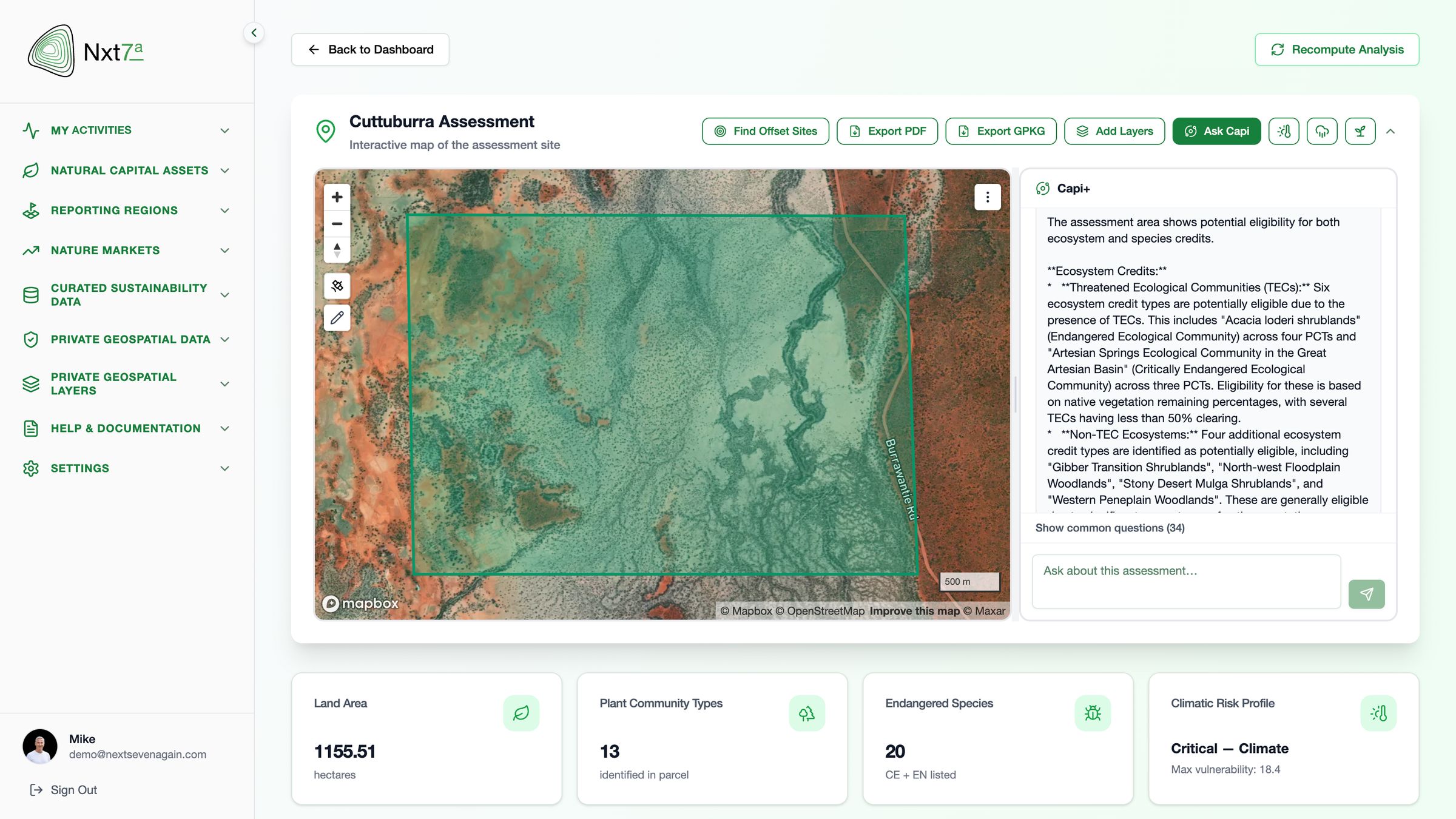 The Nxt7a platform: an assessment boundary over satellite imagery with Capi, the AI agent, identifying eligible ecosystem and species credits, alongside land area, plant community types, endangered species and climatic risk summaries