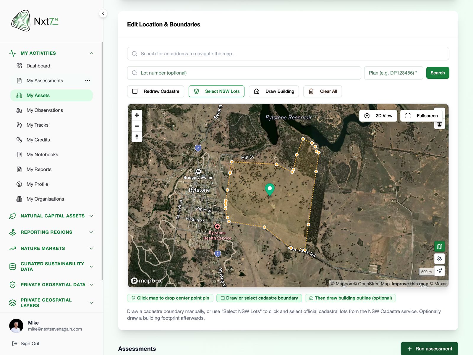 Edit Location and Boundaries: a cadastral boundary near Rylstone drawn on satellite imagery, with options to select official NSW lots or draw a building footprint
