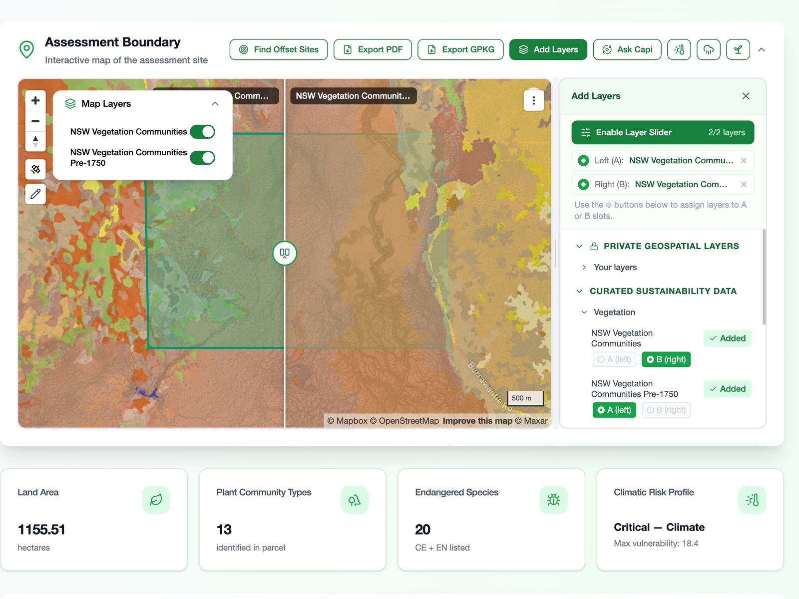 Layer slider comparing NSW vegetation communities pre-1750 on the left with today on the right across the assessment boundary