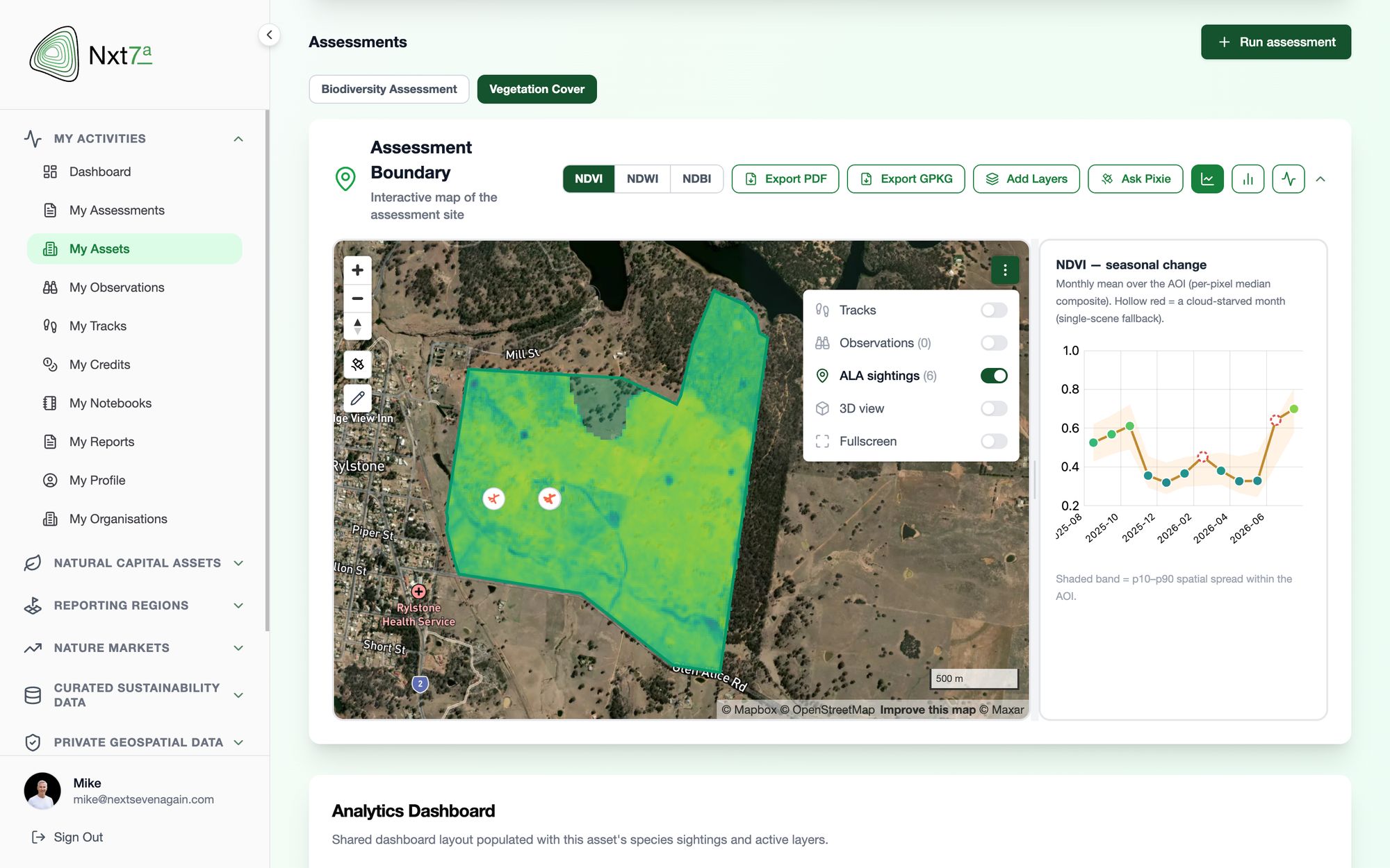 Vegetation Cover assessment: NDVI over the assessment boundary with a seasonal-change chart of monthly mean NDVI from August 2025 to June 2026, with a p10 to p90 spread band and cloud-starved months flagged